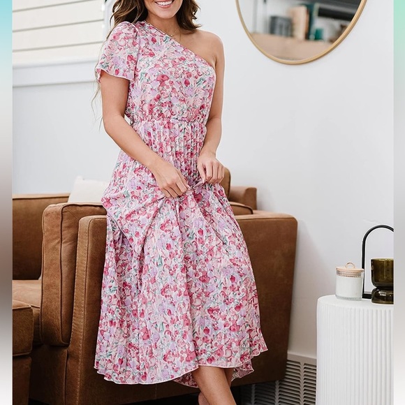 MWT - One Shoulder Pleated Maxi Dress Summer Floral Boho Tie Waist Long Dress - Picture 11 of 11